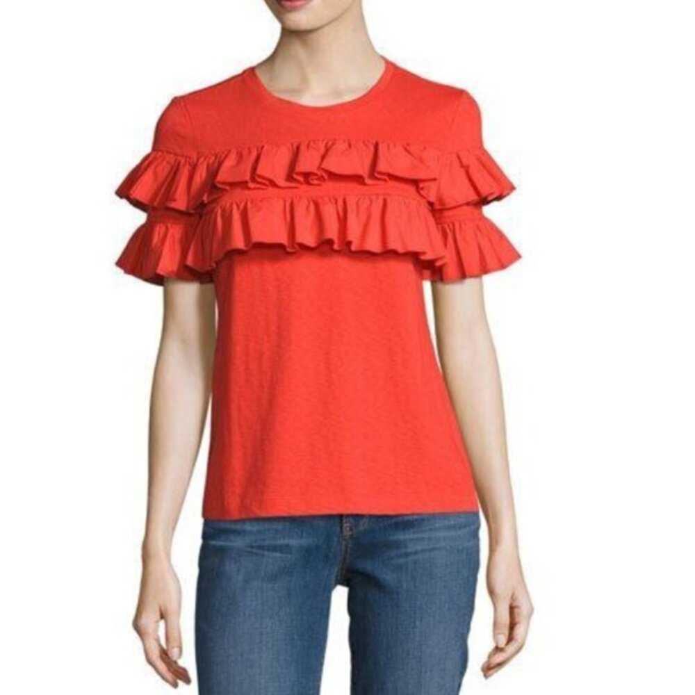 Tory Burch Women's Lennox Short‎ Sleeve Crewneck Ruffled Blouse T-shirt Size XS